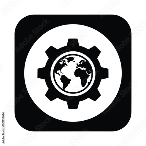 Black and white icon of a gear with a globe in the center