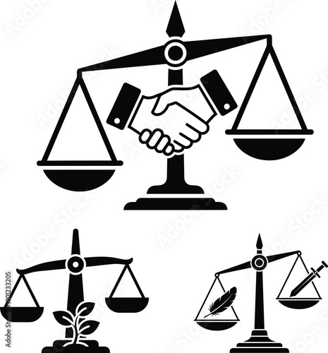 Law and justice scales with handshake and balance variations