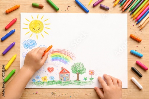 Wallpaper Mural A child's drawing scene featuring a sun, rainbow, house, trees, flowers, and colorful crayons, showcasing creativity and joy. Torontodigital.ca