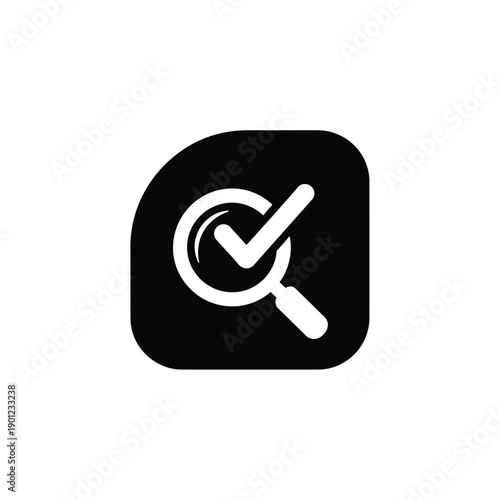 Black and white icon of a magnifying glass with a checkmark
