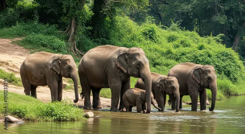 Obraz Elephant family crossing serene river in lush green forest habitat