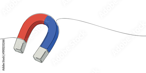 Minimal illustration of a horseshoe magnet with red and blue poles, representing magnetism, physics, attraction, and scientific concepts.