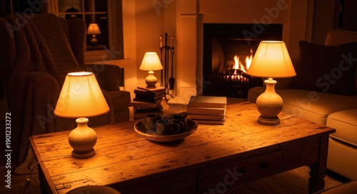 Luxury hotel bedroom interior featuring an antique wooden table with a vintage lamp and elegant furniture decor near a warm fireplace at night