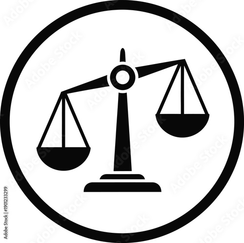 Black and white icon of a balance scale within a circle
