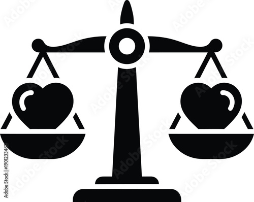 Balanced hearts on scales of justice symbol