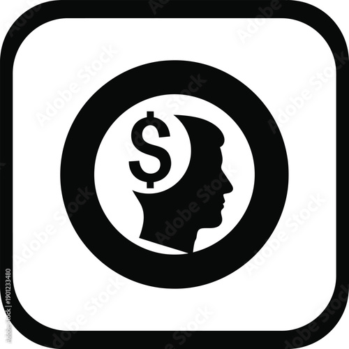 Black silhouette of a human head in profile with a dollar sign inside a circle on a with a black border