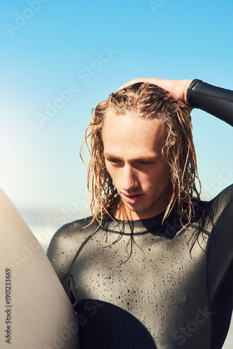 Canvas Print Fitness, surfing and man with surfboard at a beach for summer, sports or workout, fun or adventure in nature