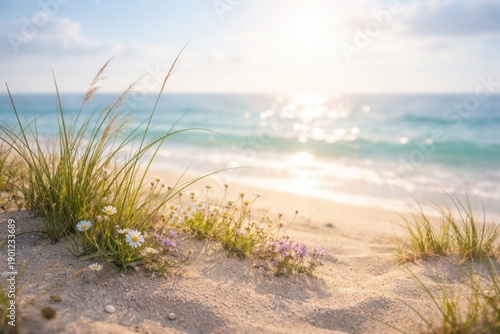 Wallpaper Mural A serene beach scene with soft sand, gentle waves, and vibrant grasses and flowers swaying in the breeze under a bright sky. Torontodigital.ca