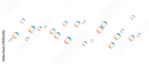A collection of iridescent soap bubbles floating freely on a transparent background