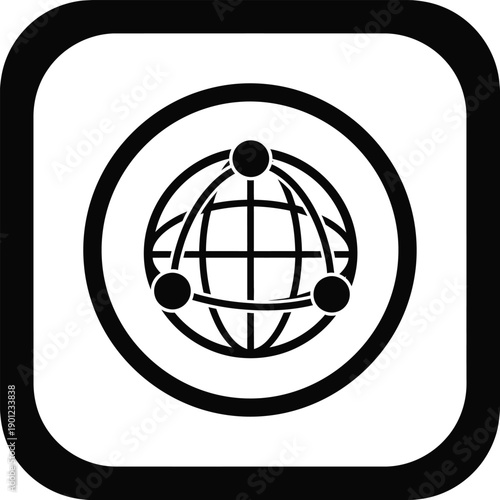Black and white icon of a globe with three people in a circle