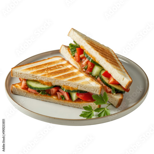 Grilled sandwich on white plate vegetables cucumber isolated on a transparent background