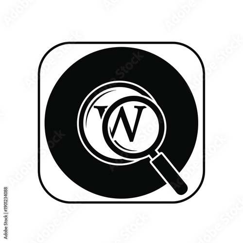 Black and white icon of a magnifying glass over a circle with a letter w inside
