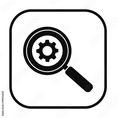 Black and white icon of a magnifying glass with a gear inside for search or inspection concept