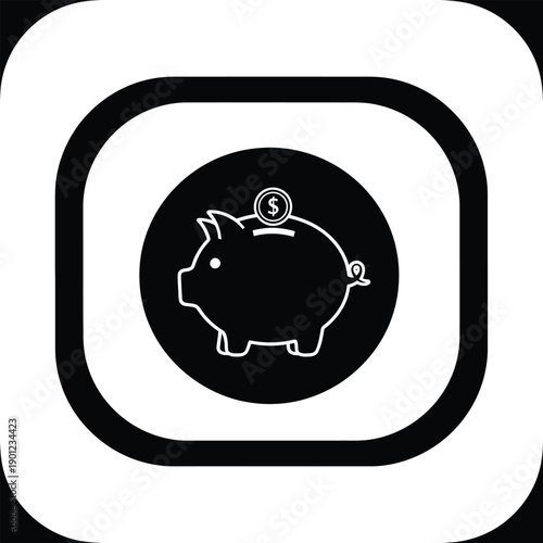 Black and white icon of a piggy bank with a coin on top in a square frame