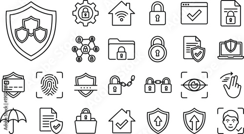 Cyber security and data protection line icon set, biometric authentication privacy access symbols outline vector illustration collection for digital systems