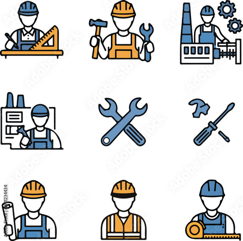 Construction and Industrial Worker Avatar Icon Set - Professional Builder, Engineer, and Handyman Vector Illustrations