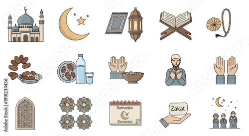 Ramadan Icon Pack with Mosque, Food, Praying and Symbols Illustration