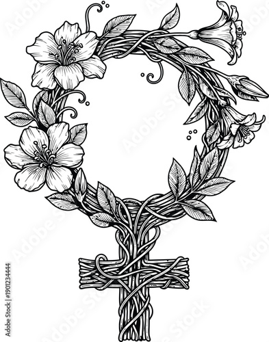Vintage female symbol with floral wreath and cross