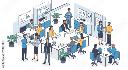 Office Workers Collaborating in Modern Workspace.