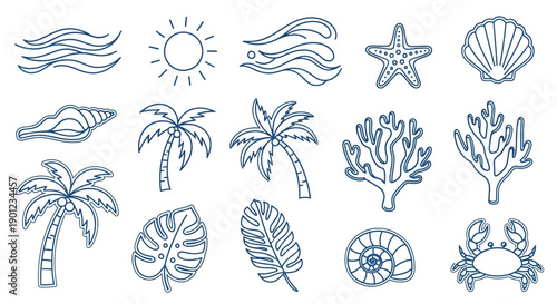 Tropical beach icons with palm trees, sea shells, and coral reef