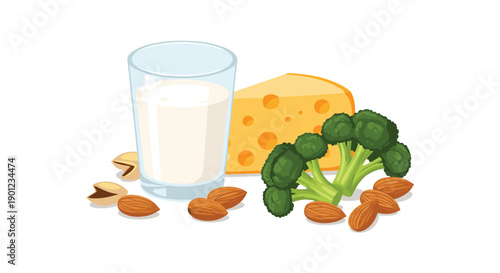 Essential Calcium Food Sources with Milk, Cheese, Broccoli, Pistachios, and Almonds on White