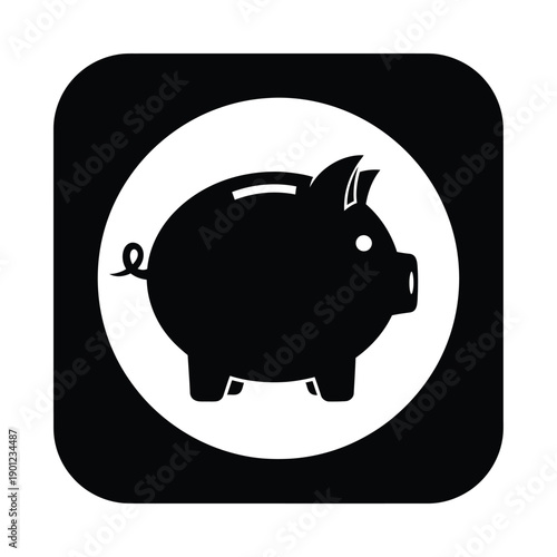 Black piggy bank icon in a white circle on a black square background with rounded corners