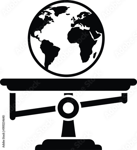 Black and white illustration of a globe on a balance scale