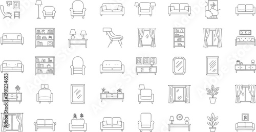 A collection of 36 small black and white line drawings of furniture isolated on transparent background