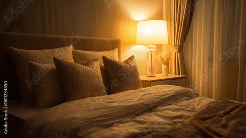 A cozy bedroom with a bed, pillows, and a lamp, illuminated by a warm light, with a curtain and a window in the background.