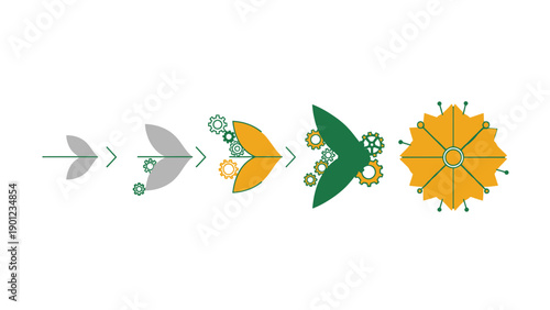 Development Process Diagram: Flower Growth Transformation with Gears. Nature and Engineering Concept Vector Illustration.