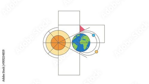 Abstract Solar System Diagram with Earth, Sun, and Orbits. Geometric Blueprint Style Illustration for Science, Technology, and Architecture Concepts.