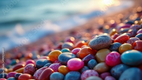 Colorful beach pebbles with gentle waves and soft sunlight stones ocean