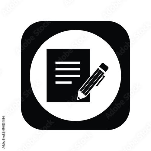 Black and white icon of a document with a pencil on a rounded square background