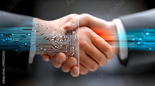 Handshake zwischen Mensch und künstlicher Intelligenz als Symbol für Zusammenarbeit, Vertrauen und digitale Transformation in Business und Technologie. Moderne Visualisierung einer Mensch KI Partnersc