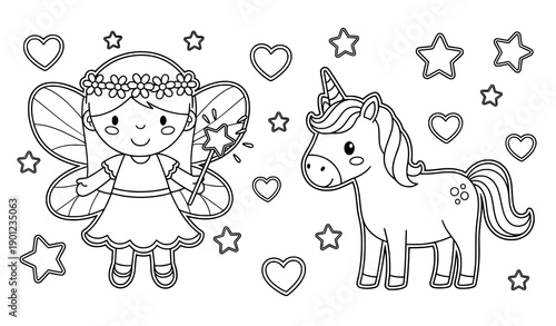 Fairy and Unicorn Coloring Sheet for Children Activity Books