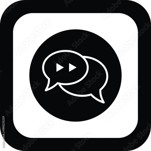 Black and white icon of two chat bubbles with a play button inside for video or audio content