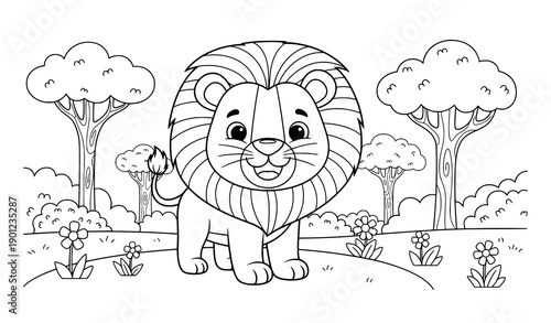 Cute Lion Coloring Page for Kids Forest Animal Printable