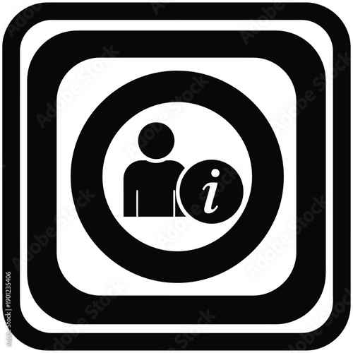 Black and white icon of a person with an information symbol in a square frame