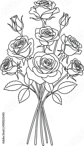 A bouquet of roses with leaves and stems in a detailed black and white drawing