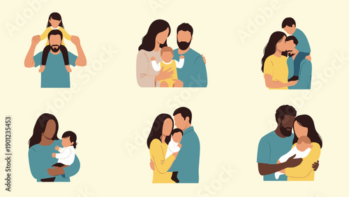 Six heartwarming flat vector illustrations depicting diverse families, including parents with young children and babies, showcasing affection and interaction.