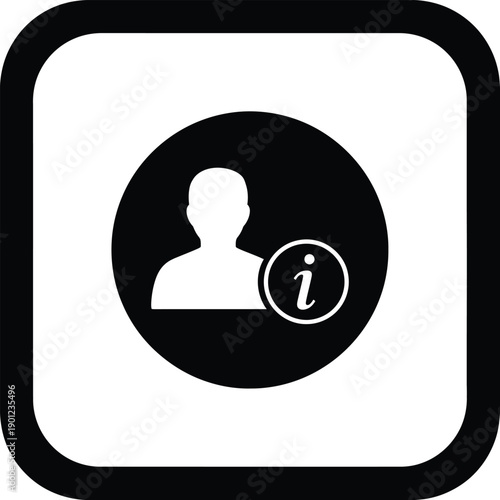 Black and white icon of a persons silhouette with an information symbol for user profile or identity verification purposes online