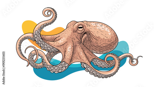 Detailed artistic illustration of a brown octopus with curling tentacles swimming over abstract flowing blue and orange organic shapes.