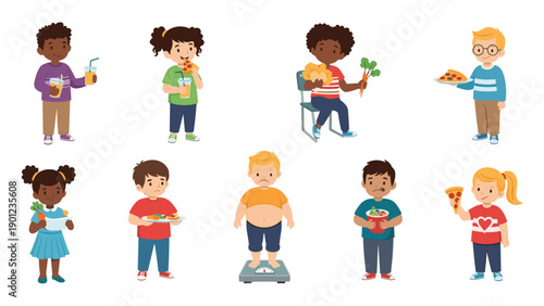 Diverse group of children depicted with various food choices, both healthy and unhealthy, including an overweight child on a weighing scale.