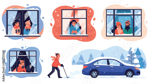 Multiple scenes depicting people looking out windows at falling snow, and a person skiing next to a snowy car, illustrating winter activities.
