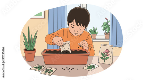 Focused young boy carefully planting seeds into a soil-filled planter, surrounded by seed packets and other potted plants, demonstrating gardening activity.