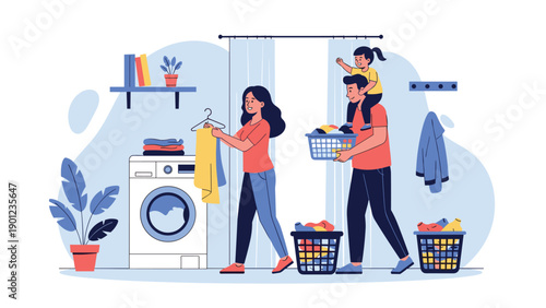 Happy family, including mother, father, and daughter, collaboratively doing laundry together, demonstrating teamwork and shared household chores.