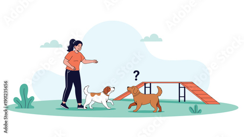 A woman observing two dogs interacting playfully in a park, one dog showing curiosity towards the other, with agility equipment in background.