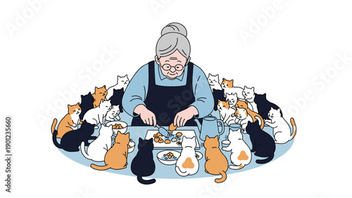 Elderly woman seated at a table, preparing food, completely surrounded by a multitude of cats eagerly watching her and waiting to be fed.