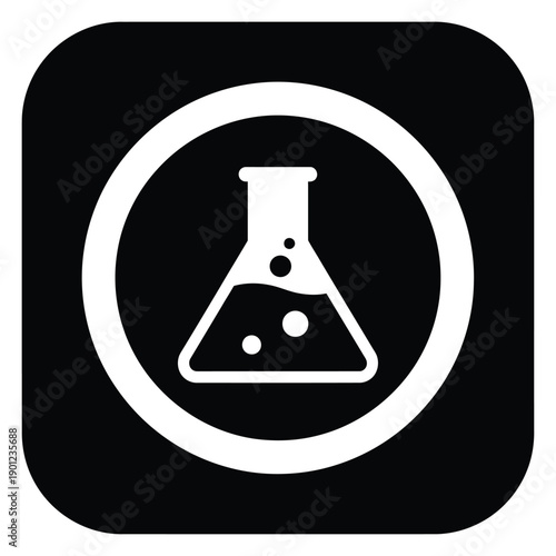 A black square icon with a white circle and a white beaker symbol inside, representing chemistry or laboratory concepts in a simple graphic design
