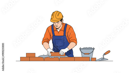Skilled construction worker wearing a hard hat and overalls, diligently laying bricks with mortar and a trowel, showcasing masonry work.